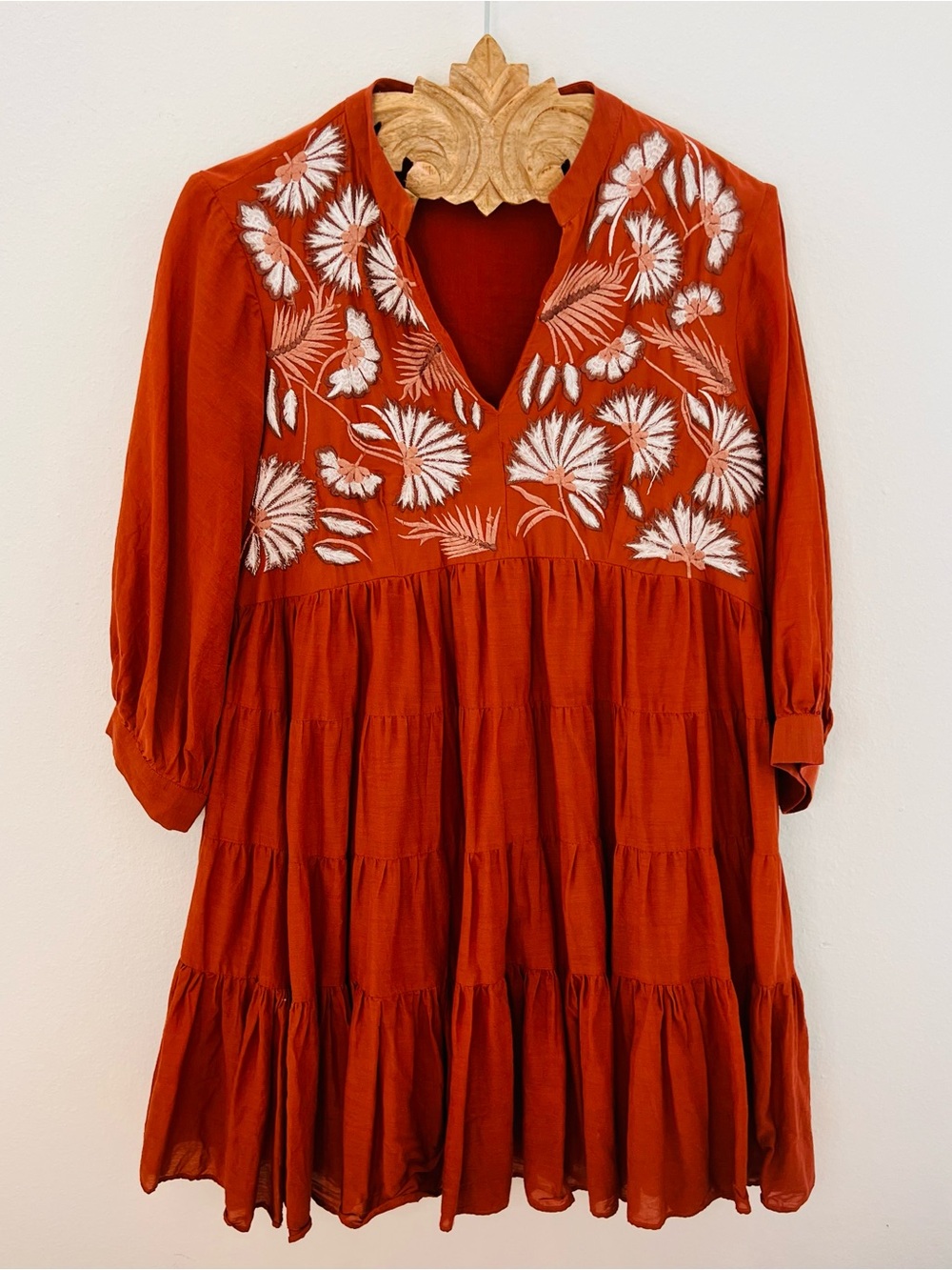 Samant Chauhan Rust Embroidered Tiered Boho Babydoll Dress M Cotton Blend